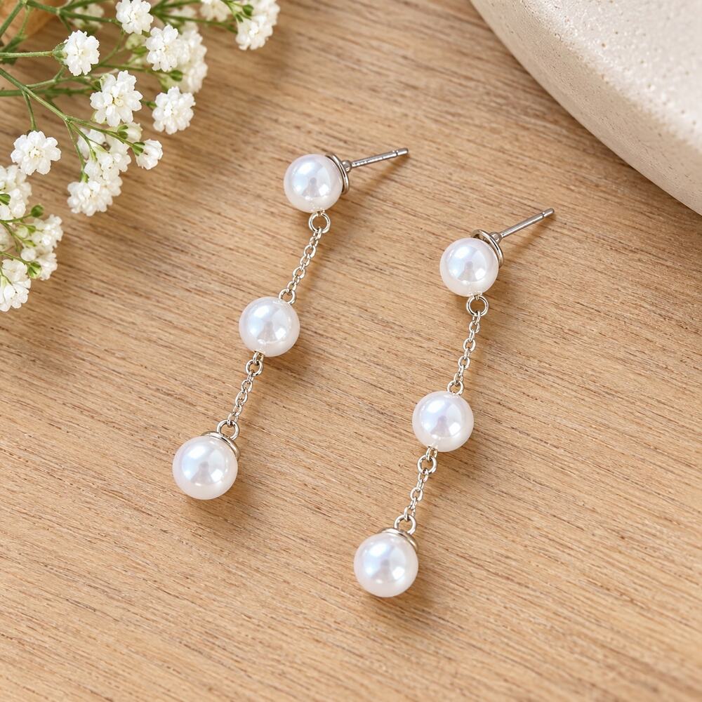 White Pearl Triple Drop Dangle Earrings Silver Tone Elegant Jewelry